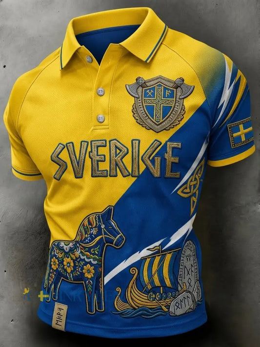 Herrpolskortärmad polo med retrotryck för svenska fotbollsentusiaster 2026 - blå / S