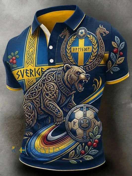 Herrpolskortärmad polo med retrotryck för svenska fotbollsentusiaster 2026 - blå / S