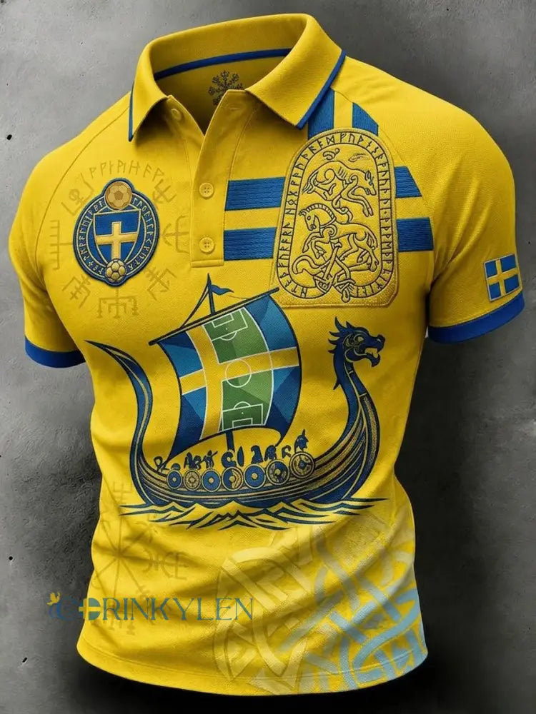 Herrpolskortärmad polo med retrotryck för svenska fotbollsentusiaster 2026 - gul / S