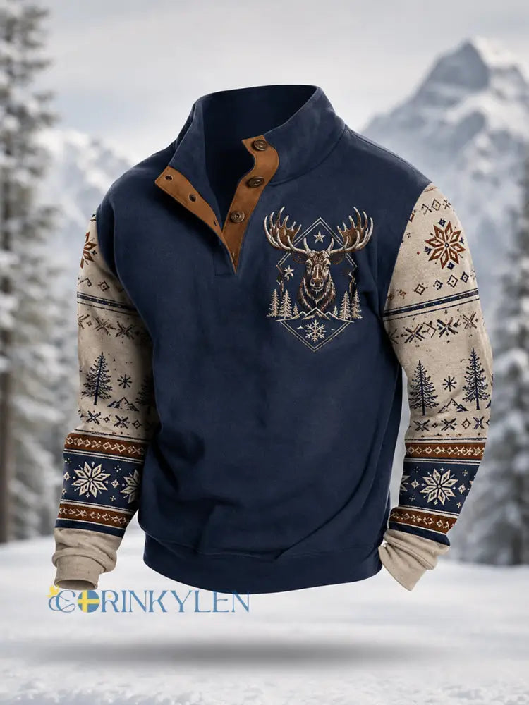 Herrpullover för vintern med älgmönster i casual stil - blå sjöfart / S