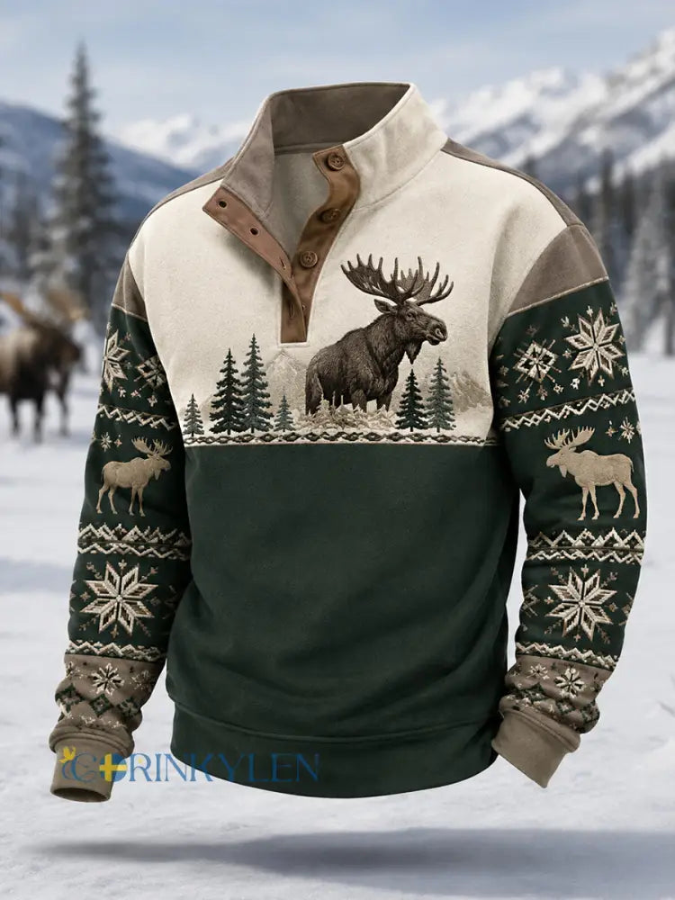 Herrpullover för vintern med älgmönster i casual stil - mörk gröna / S