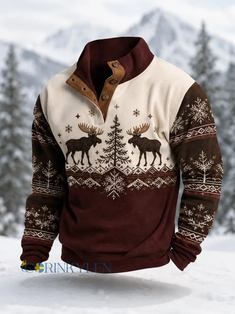 Herrpullover för vintern med älgmönster i casual stil - vinröd / S