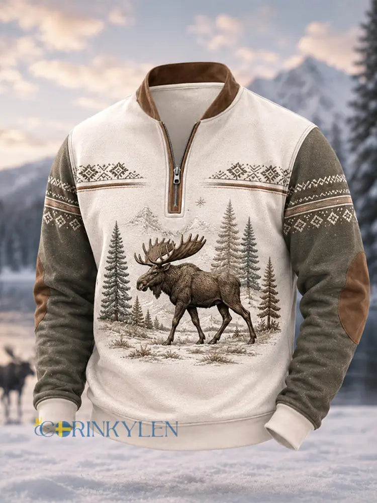 Herrpullover för vintern med älgmönster och dragkedja i ledig stil