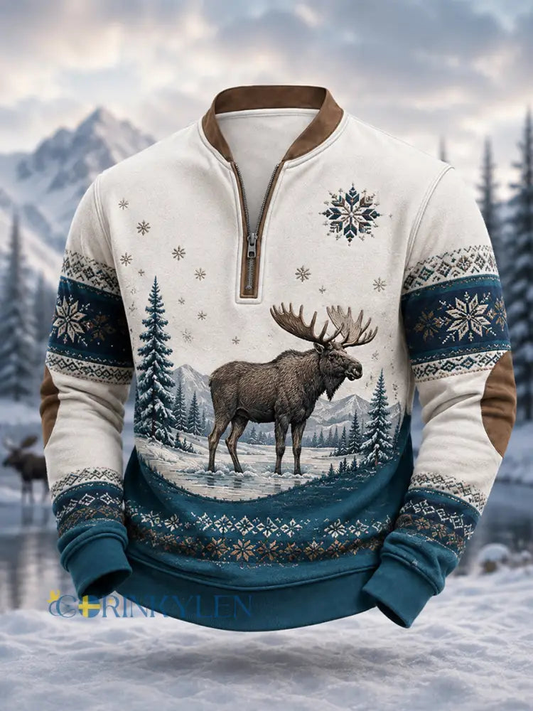Herrpullover för vintern med älgmönster och dragkedja i ledig stil - djupblåa / S