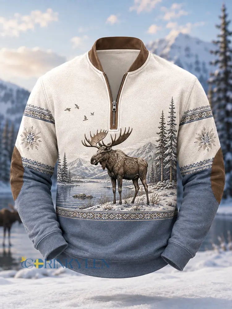 Herrpullover för vintern med älgmönster och dragkedja i ledig stil - höjdblått / S