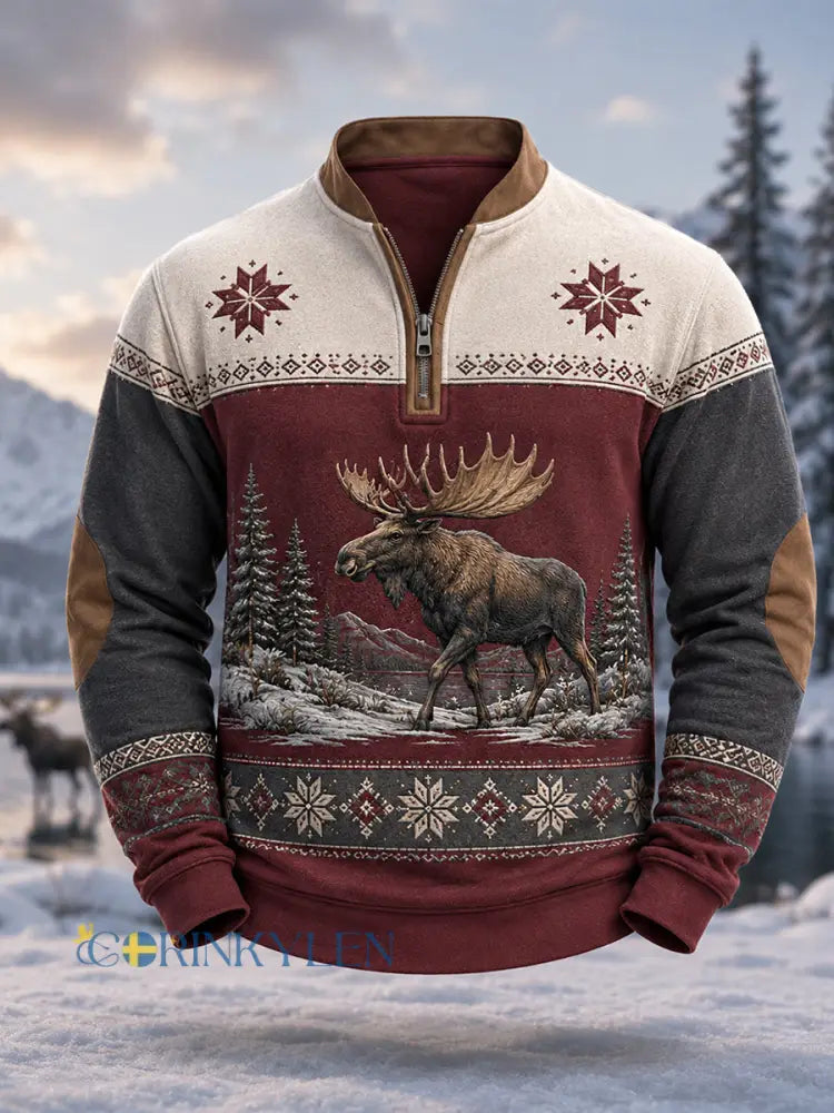 Herrpullover för vintern med älgmönster och dragkedja i ledig stil - vinröd / S