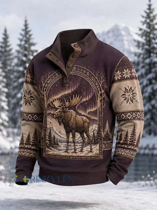 Herrpullover för vintern med älgmönster vardaglig modell med knappar