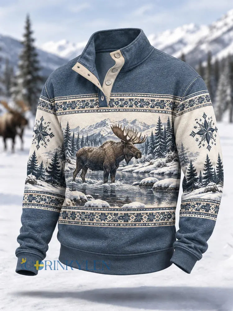 Herrpullover för vintern med älgmönster vardaglig modell med knappar - blå / S