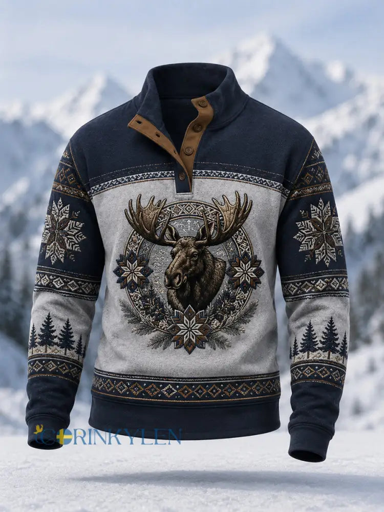 Herrpullover för vintern med älgmönster vardaglig modell med knappar - blå sjöfart / S