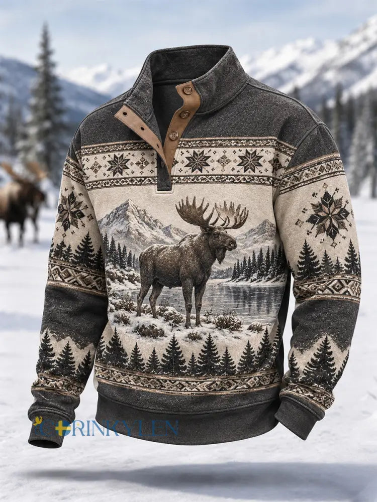 Herrpullover för vintern med älgmönster vardaglig modell med knappar - grå / S