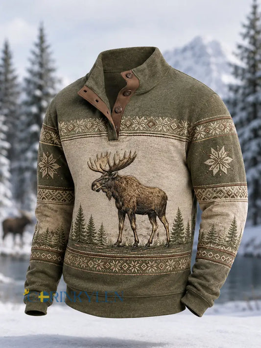 Herrpullover för vintern med älgmönster vardaglig modell med knappar - gräsgrön / S