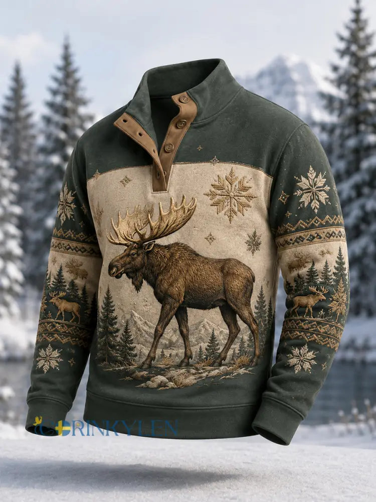 Herrpullover för vintern med älgmönster vardaglig modell med knappar - grönt / S