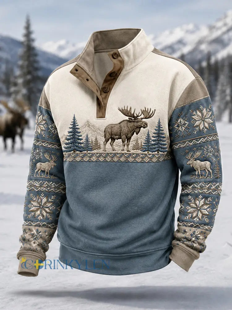 Herrpullover för vintern med älgmönster vardaglig modell med knappar - höjdblått / S