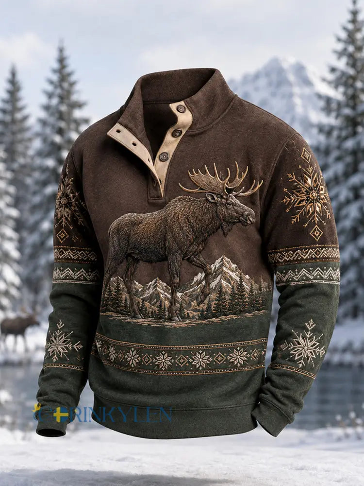 Herrpullover för vintern med älgmönster vardaglig modell med knappar - kaffe / S