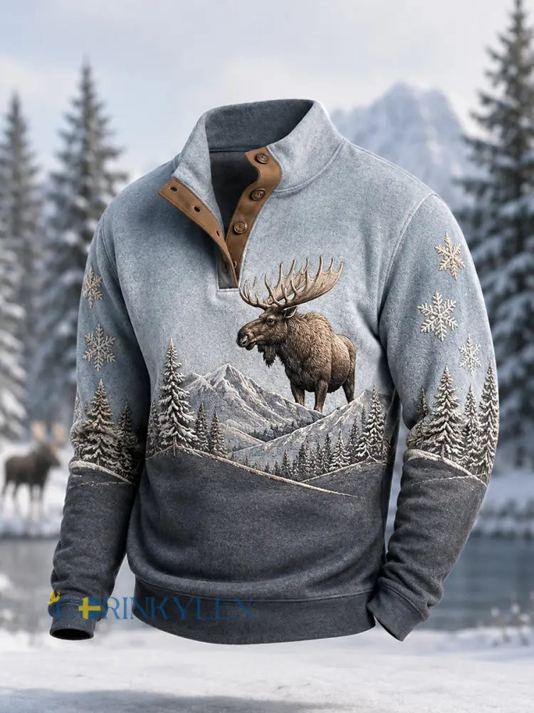 Herrpullover för vintern med älgmönster vardaglig modell med knappar - ljusblåa / S