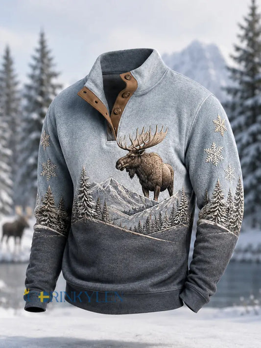 Herrpullover för vintern med älgmönster vardaglig modell med knappar - ljusblåa / S