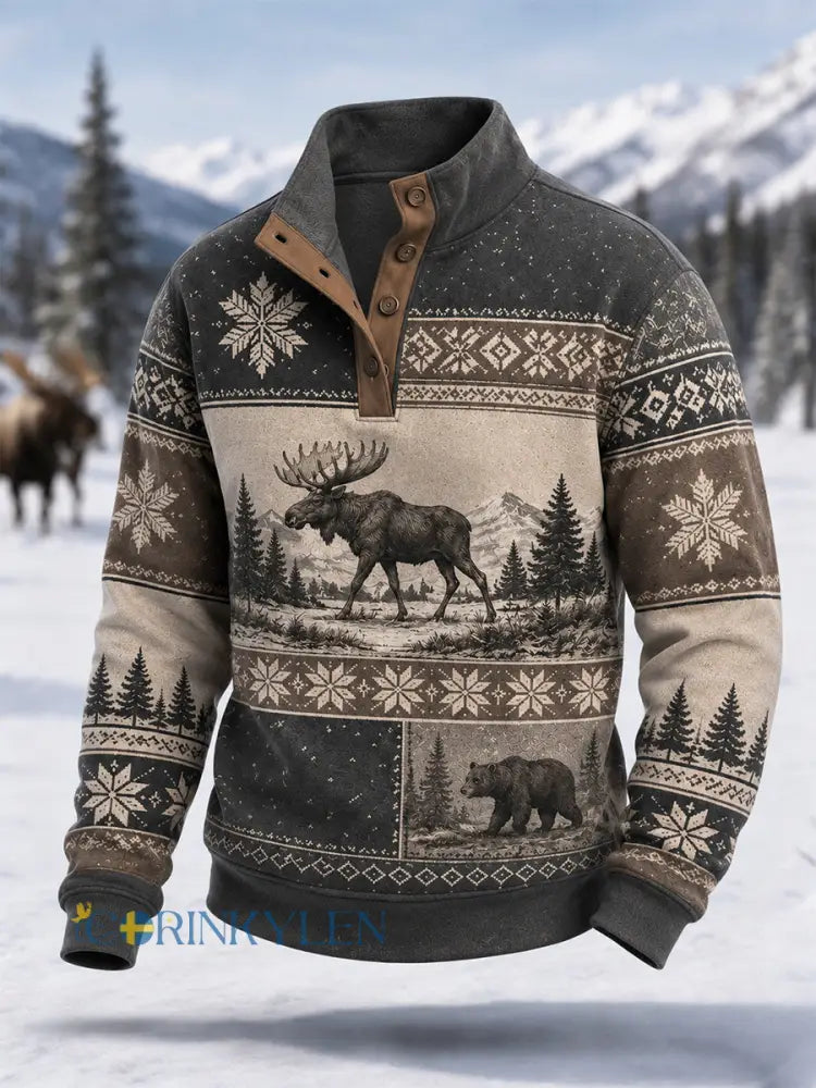 Herrpullover för vintern med älgmönster vardaglig modell med knappar - mörk grå / S