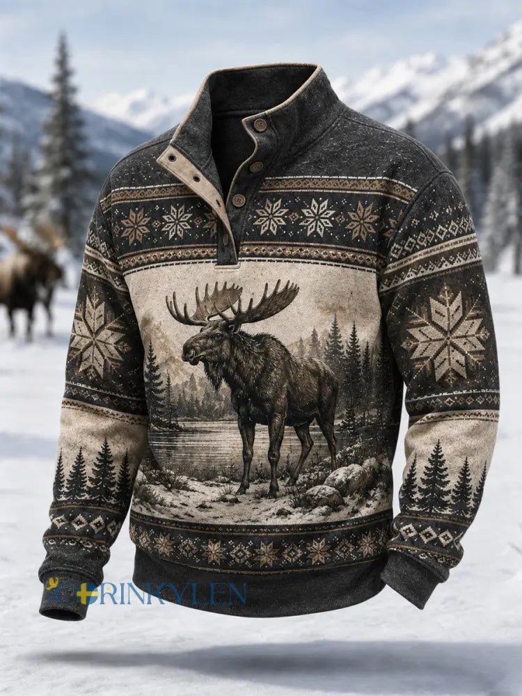 Herrpullover för vintern med älgmönster vardaglig modell med knappar - mörk grå / S