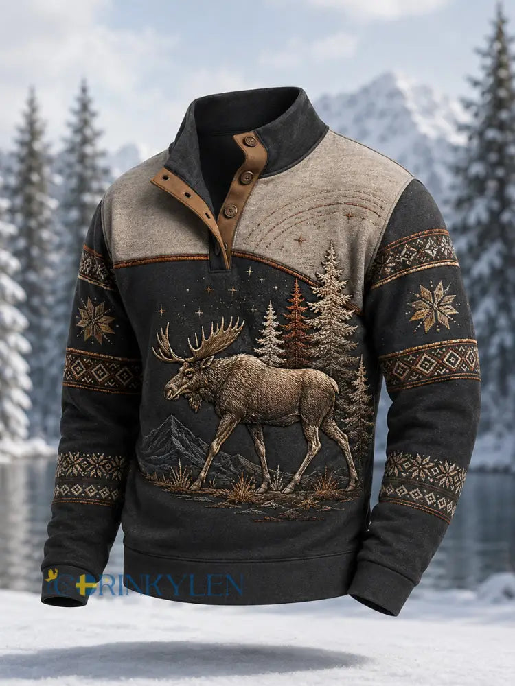 Herrpullover för vintern med älgmönster vardaglig modell med knappar - mörk grå / S