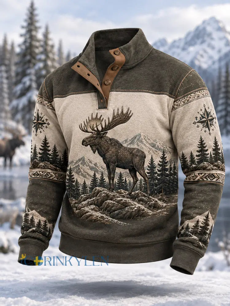 Herrpullover för vintern med älgmönster vardaglig modell med knappar - mörk grå / S