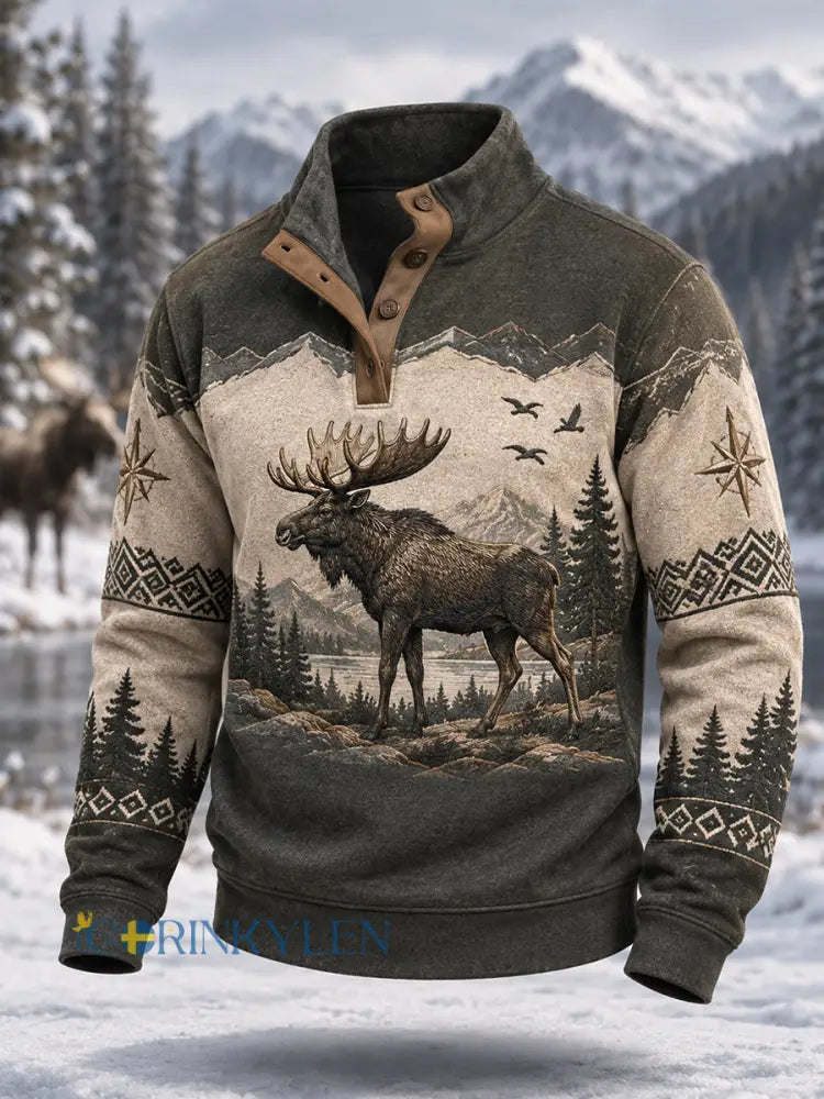Herrpullover för vintern med älgmönster vardaglig modell med knappar - mörk grå / S
