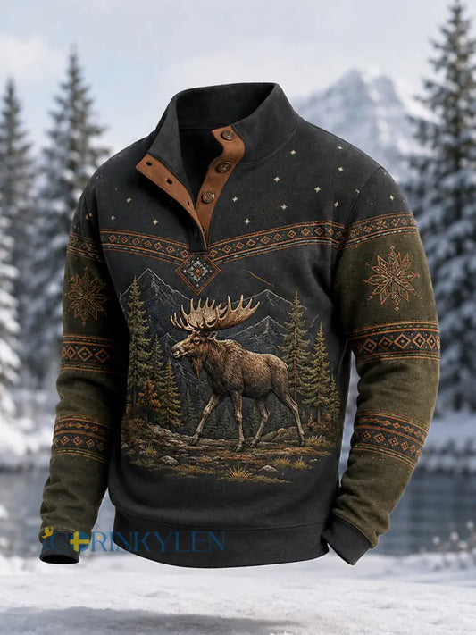 Herrpullover för vintern med älgmönster vardaglig modell med knappar - mörk grå / S