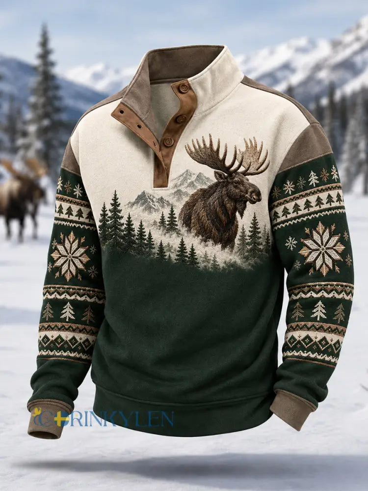Herrpullover för vintern med älgmönster vardaglig modell med knappar - mörk gröna / S