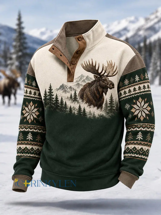 Herrpullover för vintern med älgmönster vardaglig modell med knappar - mörk gröna / S