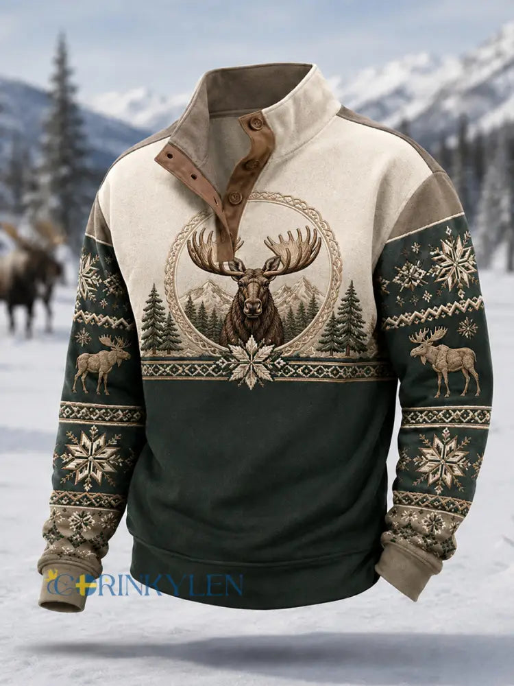 Herrpullover för vintern med älgmönster vardaglig modell med knappar - mörk gröna / S