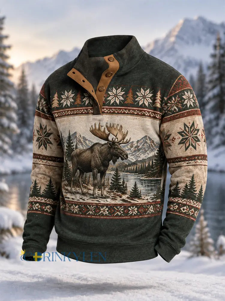 Herrpullover för vintern med älgmönster vardaglig modell med knappar - mörk gröna / S