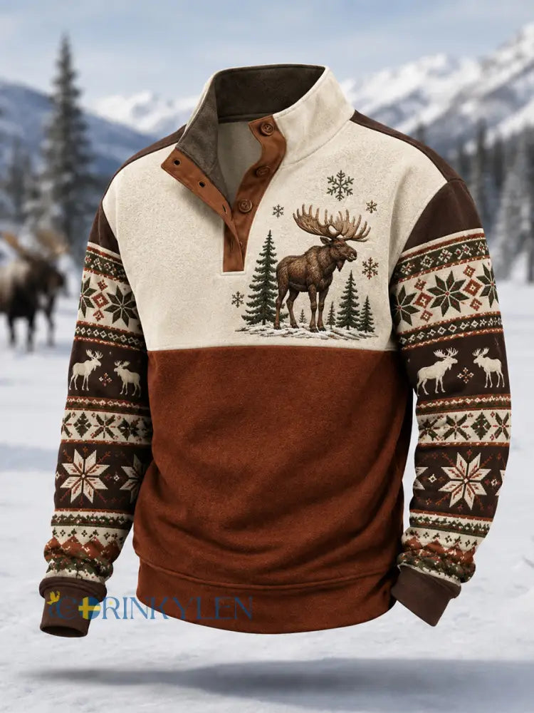 Herrpullover för vintern med älgmönster vardaglig modell med knappar - rödbrun / S