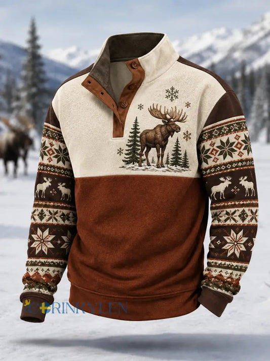 Herrpullover för vintern med älgmönster vardaglig modell med knappar - rödbrun / S
