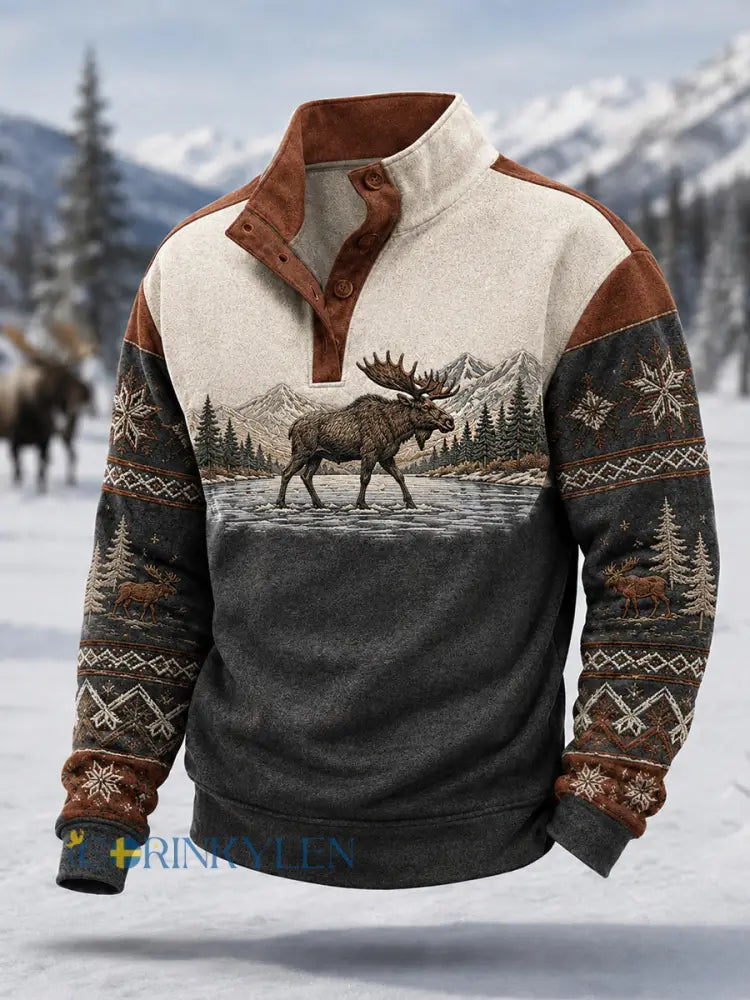 Herrpullover för vintern med älgmönster vardaglig modell med knappar - rödbrun / S
