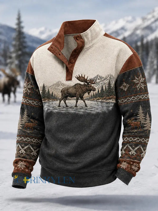 Herrpullover för vintern med älgmönster vardaglig modell med knappar - rödbrun / S
