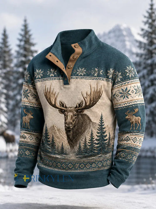 Herrpullover för vintern med älgmönster vardaglig modell med knappar - sjön blå / S