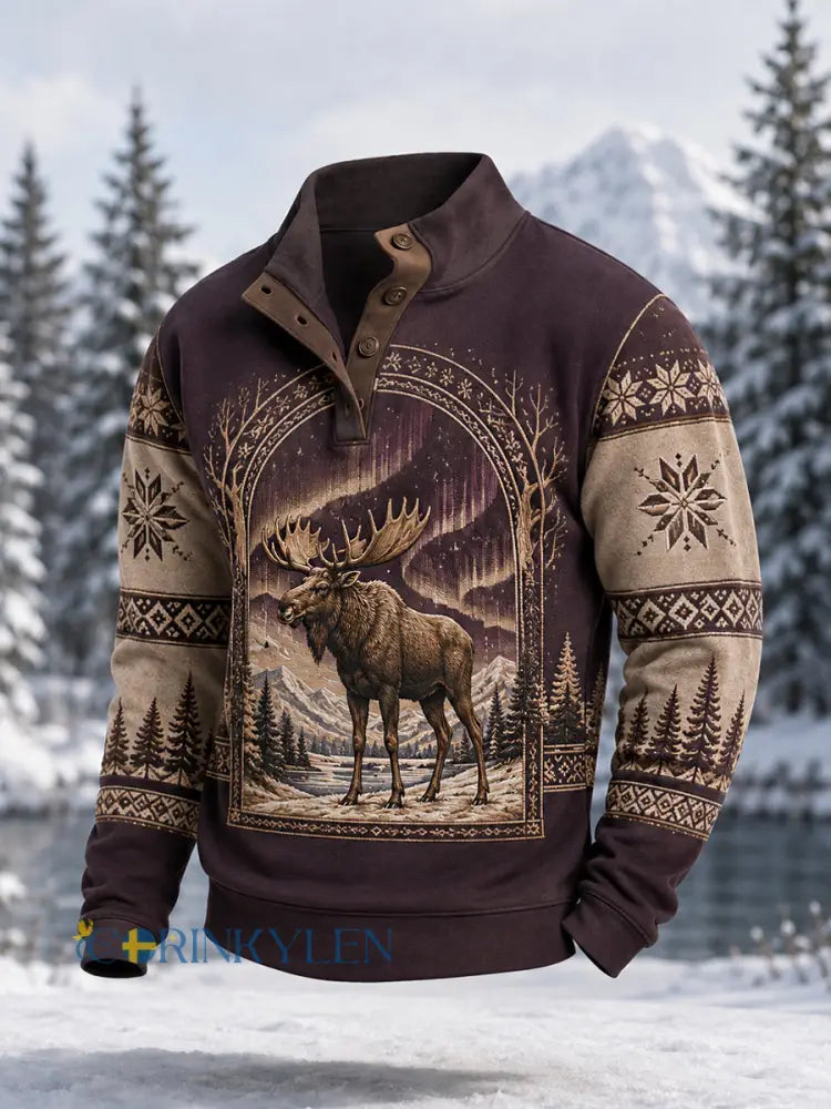 Herrpullover för vintern med älgmönster vardaglig modell med knappar - vinga violet / S