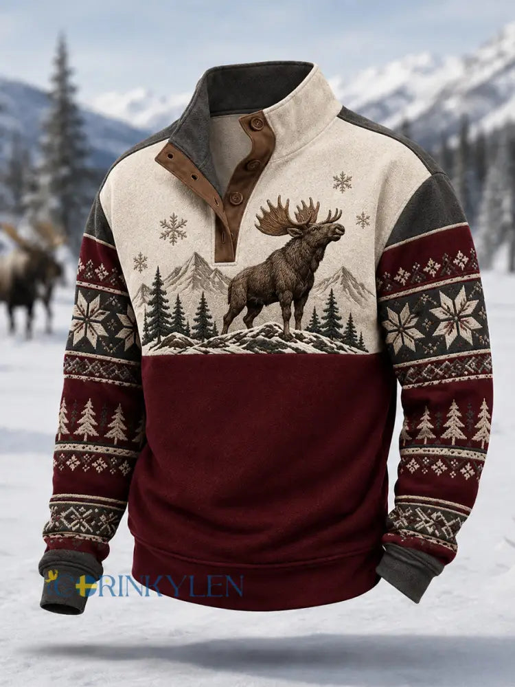 Herrpullover för vintern med älgmönster vardaglig modell med knappar - vinröd / S