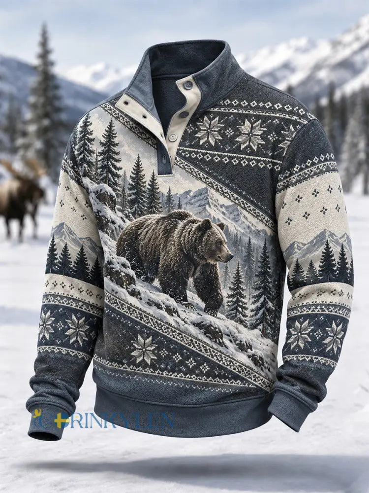 Herrpullover för vintern med snöbjörnsmönster och knappar – vardagsmodell - blå sjöfart / S