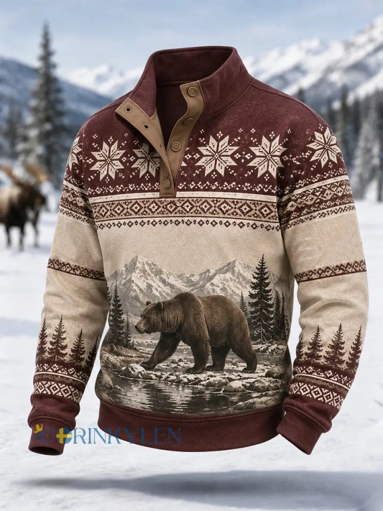 Herrpullover för vintern med snöbjörnsmönster och knappar – vardagsmodell - vinröd / S