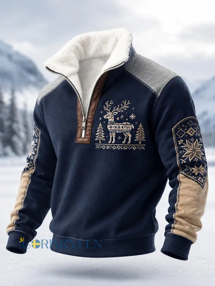 Herrpullover i nordisk stil med renar plysch och dragkedja - blå sjöfart / S