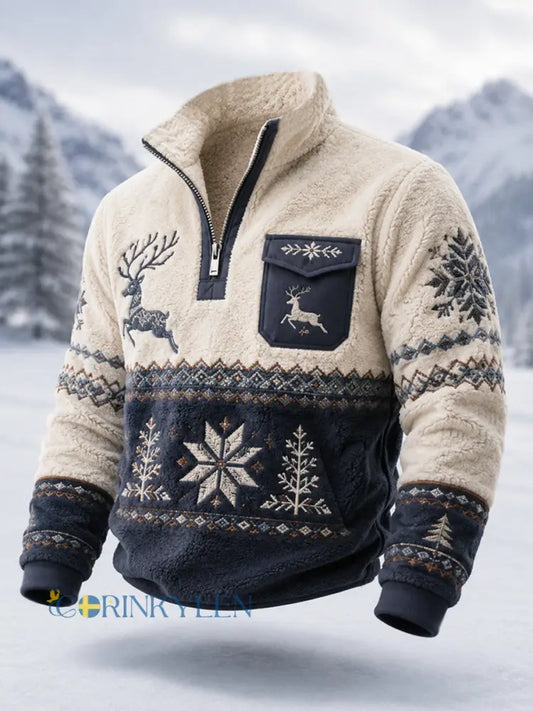Herrpullover i nordisk stil med renar plysch och dragkedja - blå sjöfart / S