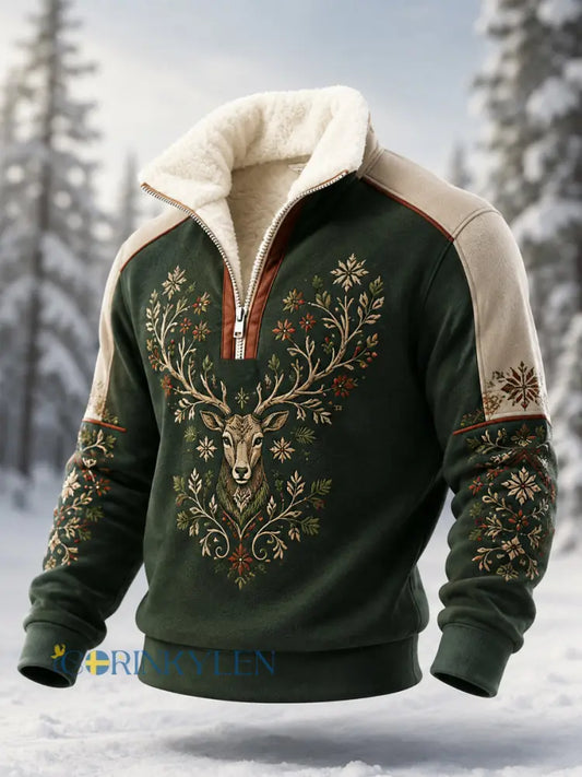 Herrpullover i nordisk stil med renar plysch och dragkedja - mörk gröna / S