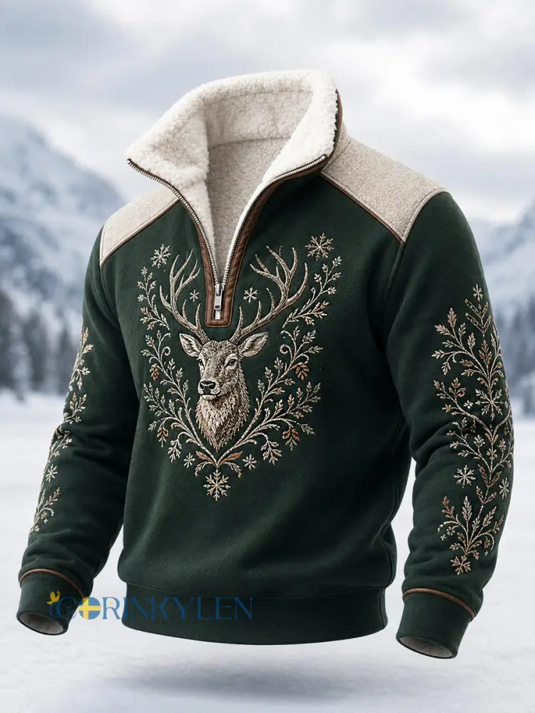 Herrpullover i nordisk stil med renar plysch och dragkedja - mörk gröna / S