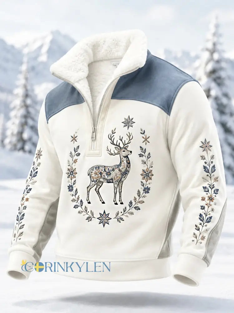 Herrpullover i plysch med nordisk renmotiv och dragkedja - vitt / S