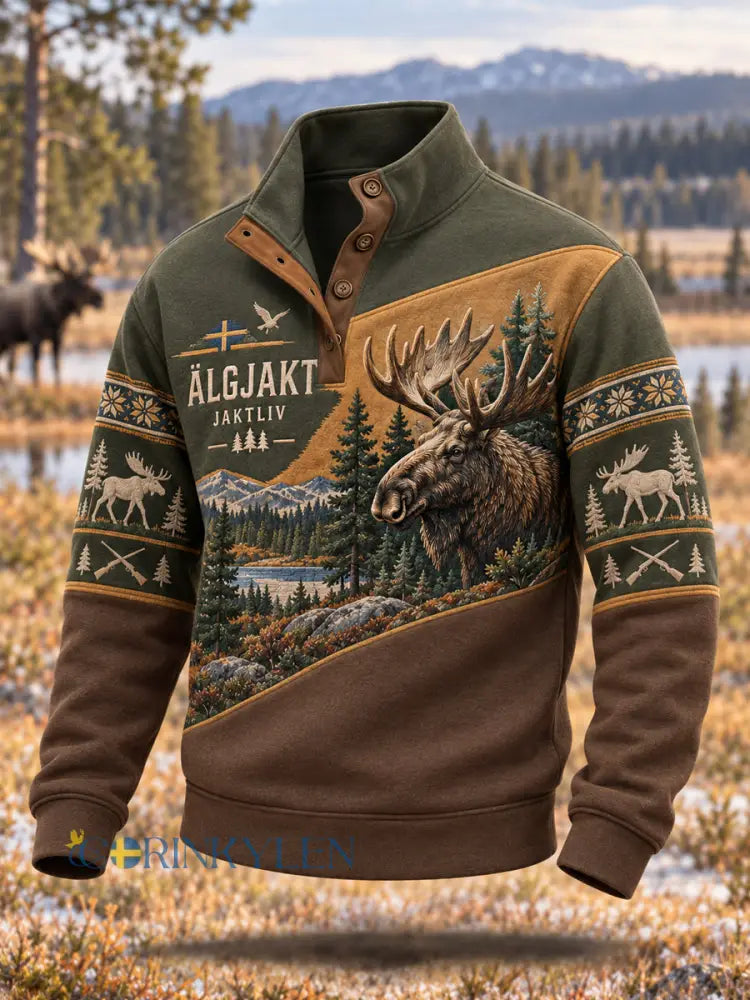 Herrpullover med avslappnad passform och tryck av älgjakt med knappar. - armé gröna / S