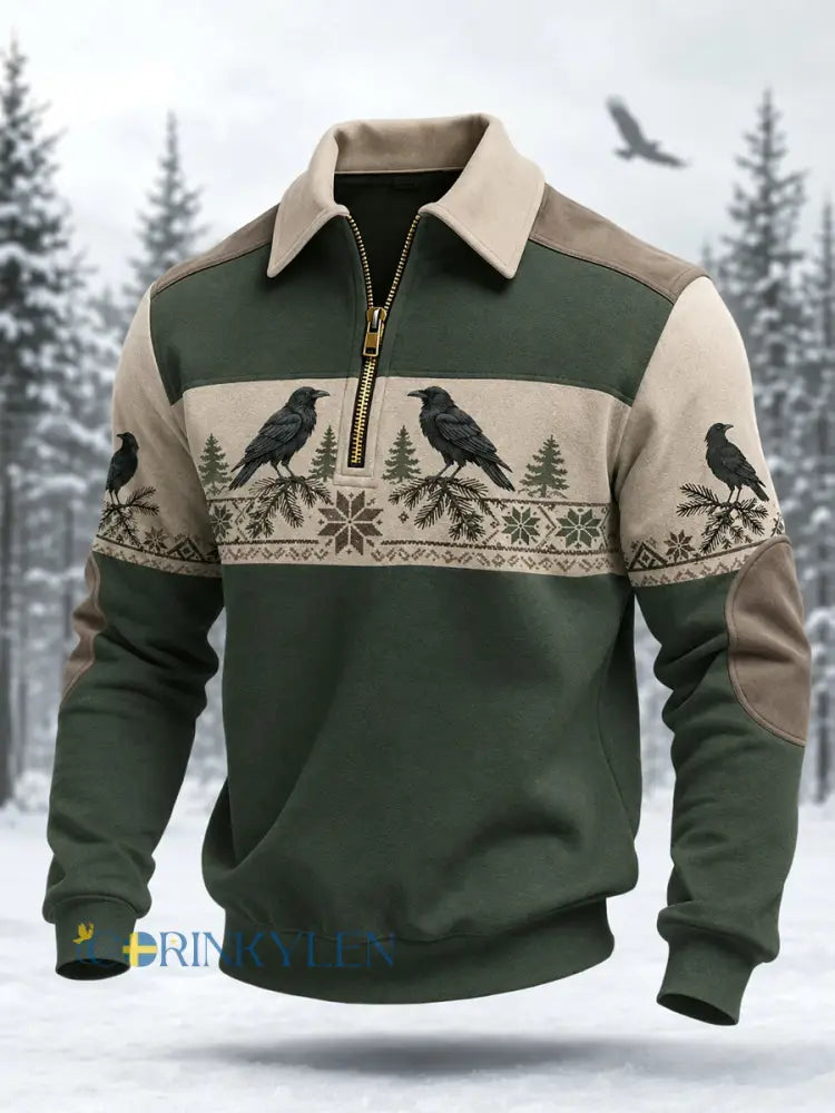 Herrpullover med ravtryck stilren och med dragkedja - grönt / S