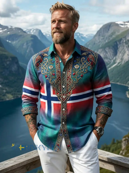Herrretro aurora patchwork avslappnad skjorta