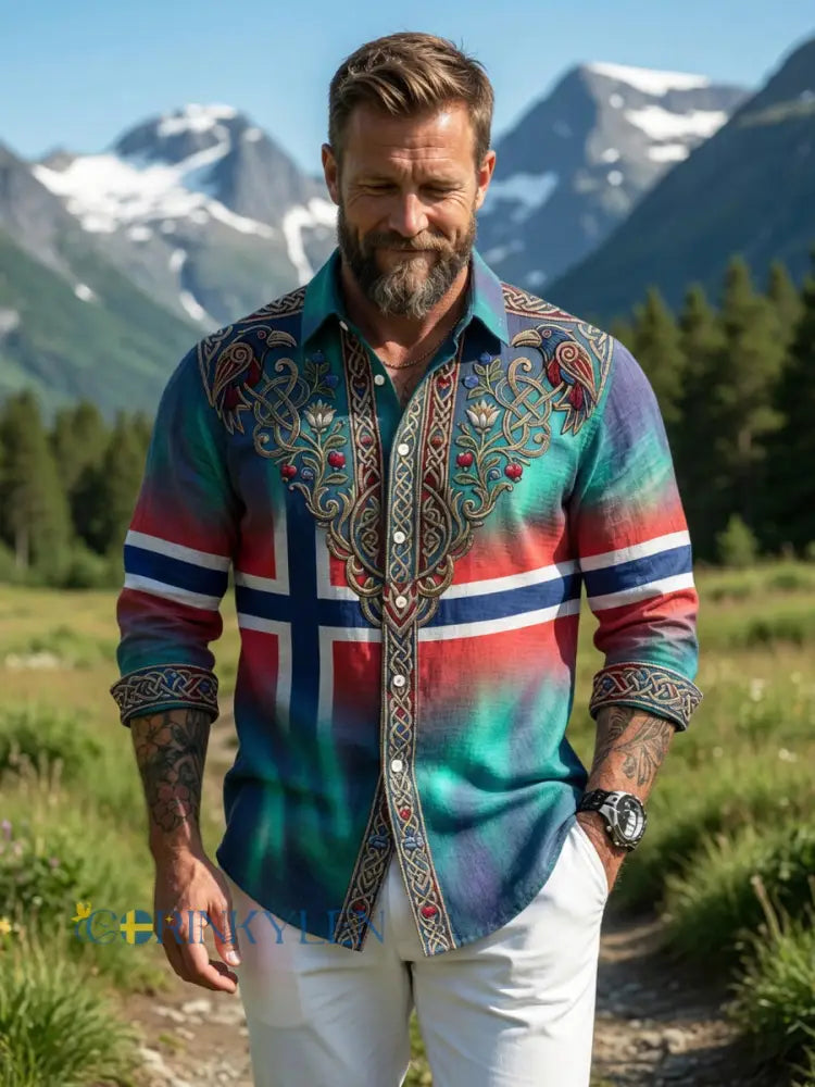 Herrretro aurora patchwork avslappnad skjorta