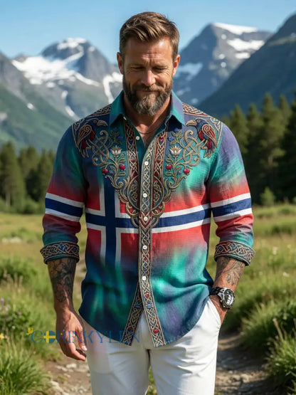 Herrretro aurora patchwork avslappnad skjorta