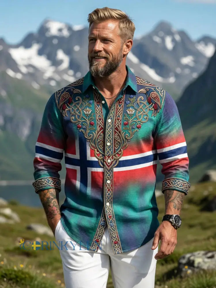 Herrretro aurora patchwork avslappnad skjorta